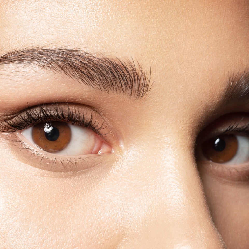 Close up of brown eyes of beautiful woman with modern makeup, shaped perfect trendy eyebrows. Female with smooth healthy skin under eye looking at camera. Make-up and skincare cosmetics advertising.