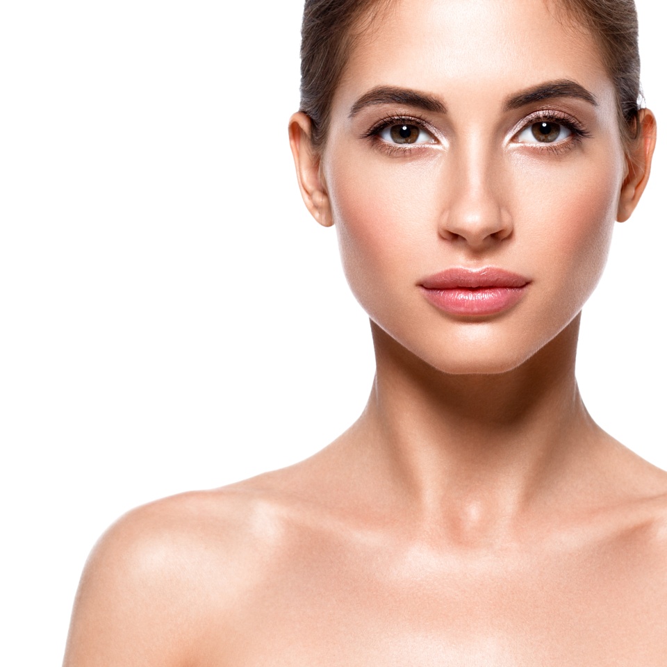 Beautiful woman face close up studio on white